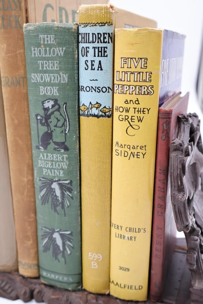 Collection of Vintage & Antique Hardcover Books with Carved Wood Bookends - 5