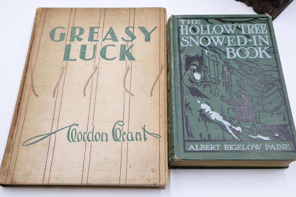 Collection of Vintage & Antique Hardcover Books with Carved Wood Bookends - 9