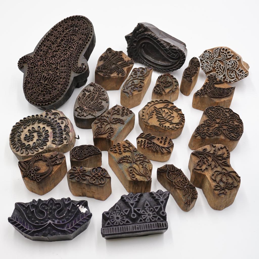 Collection of Antique Carved Textile Printing Blocks & Decorative Stamp Molds - 2