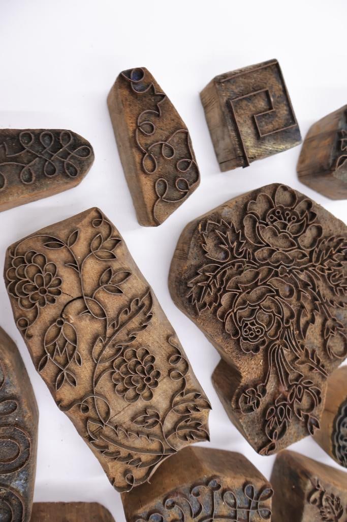 Large Collection of Antique Carved Textile Printing Blocks & Decorative Wood Stamps - 11