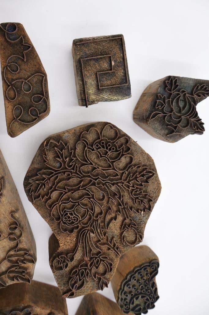 Large Collection of Antique Carved Textile Printing Blocks & Decorative Wood Stamps - 12