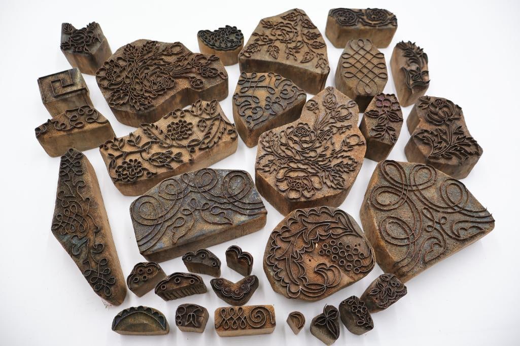 Large Collection of Antique Carved Textile Printing Blocks & Decorative Wood Stamps (1 of 15)