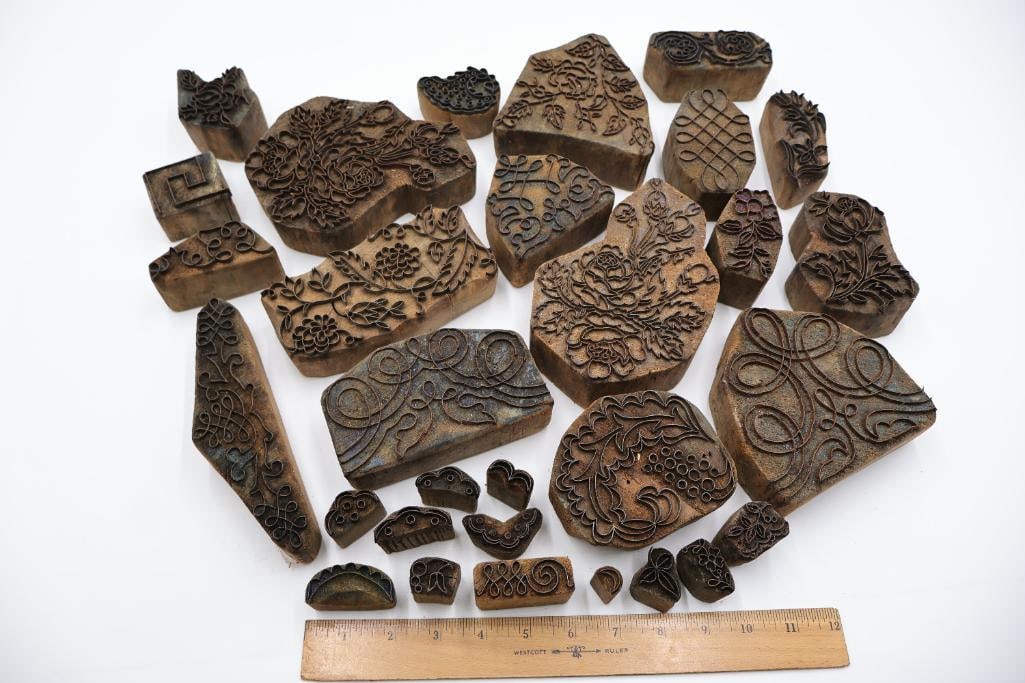 Large Collection of Antique Carved Textile Printing Blocks & Decorative Wood Stamps - 2