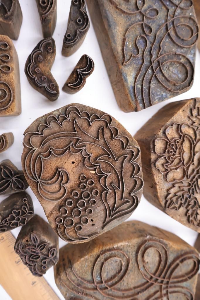 Large Collection of Antique Carved Textile Printing Blocks & Decorative Wood Stamps - 8
