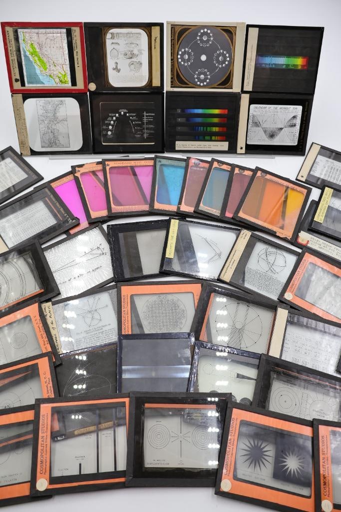 Collection of Antique Scientific & Educational Glass Lantern Slides: Extensive collection of antique scientific and educational glass lantern slides featuring astronomy, optics, mathematics, geography, color spectrum studies, diagrams, charts, and instructional
