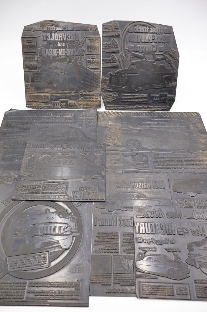 Large Chevrolet Advertising Printing Plate Collection Vintage Truck & Automobile Illustrations: Impressive collection of oversized vintage Chevrolet advertising printing plates featuring classic trucks, automobiles, dealership promotions, and automotive marketing graphics. Includes large engrave