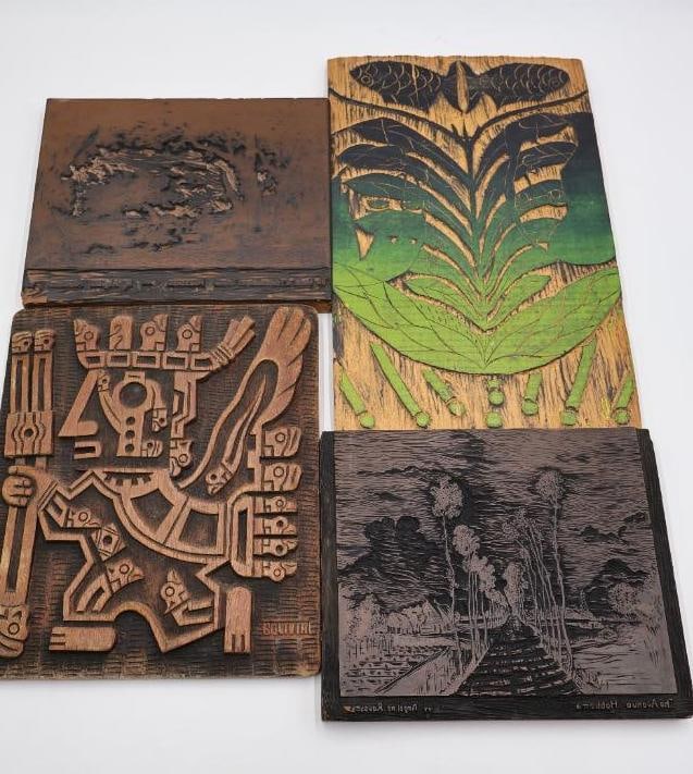 Collection of Artistic Woodcut Printing Blocks & Decorative Engraving Plates: Unique collection of artistic woodcut printing blocks and engraved plates featuring abstract, botanical, and figurative imagery. Includes hand-carved designs with strong mid-century modern and folk ar