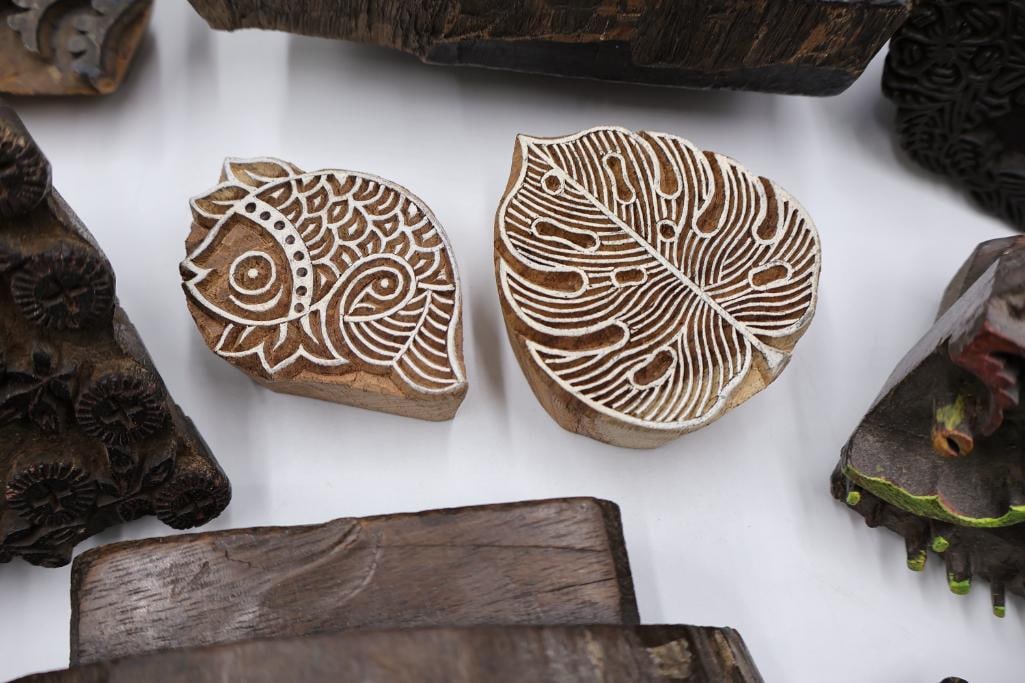 Collection of Antique Carved Textile Printing Blocks & Decorative Stamp Molds - 10