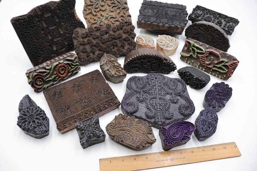 Collection of Antique Carved Textile Printing Blocks & Decorative Stamp Molds - 2