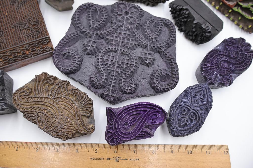 Collection of Antique Carved Textile Printing Blocks & Decorative Stamp Molds - 3