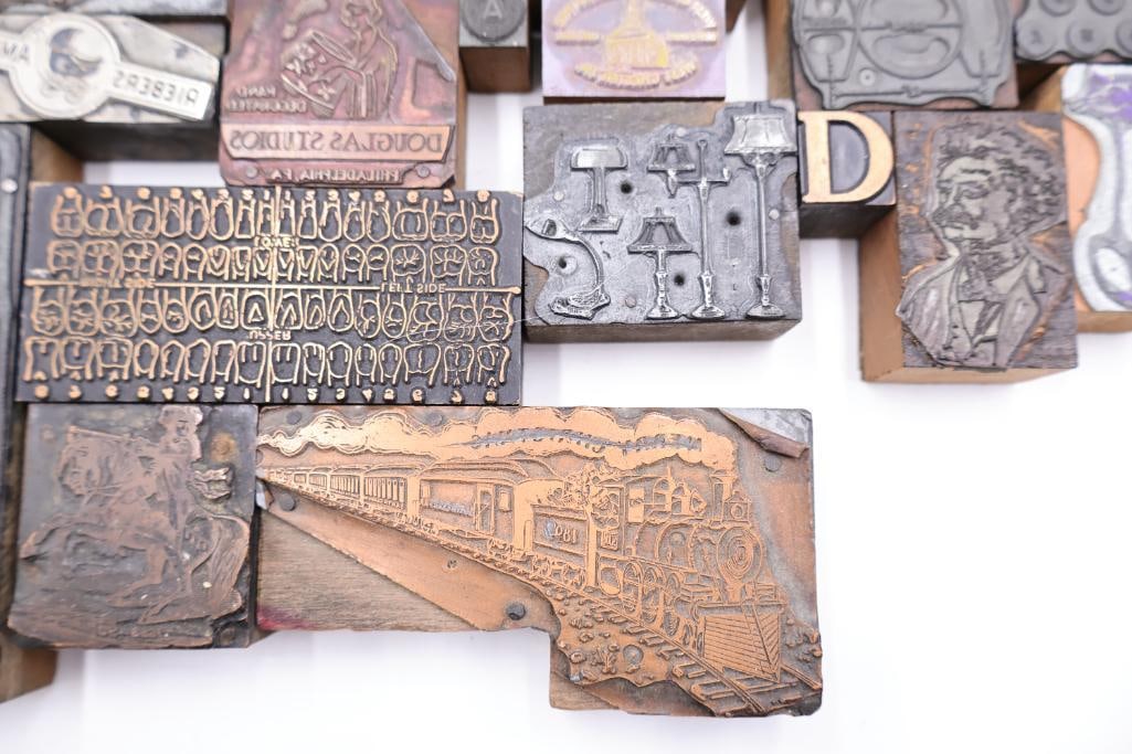 Vintage Letterpress Printing Blocks, Assorted Copper & Wood Cuts - 8