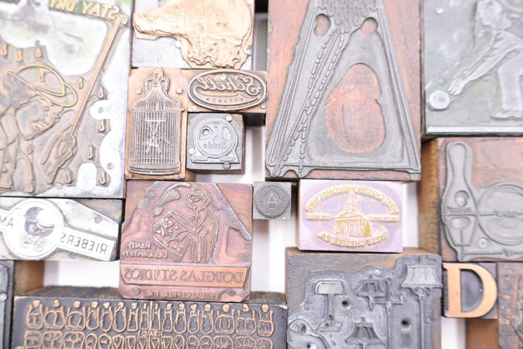 Vintage Letterpress Printing Blocks, Assorted Copper & Wood Cuts - 9