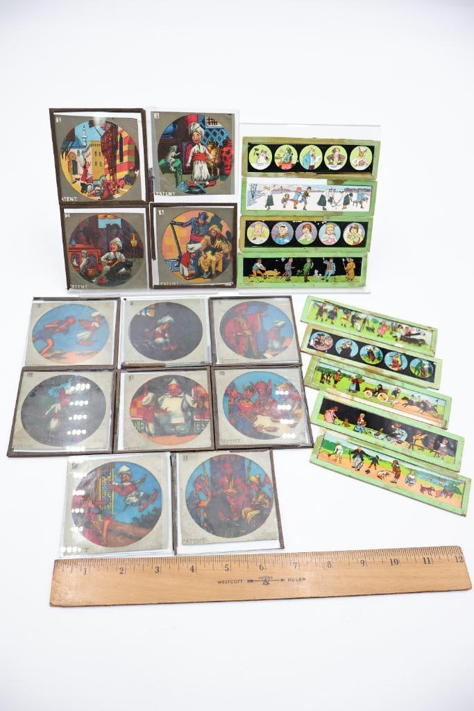 Antique magic lantern slides used in early image projectors - 2