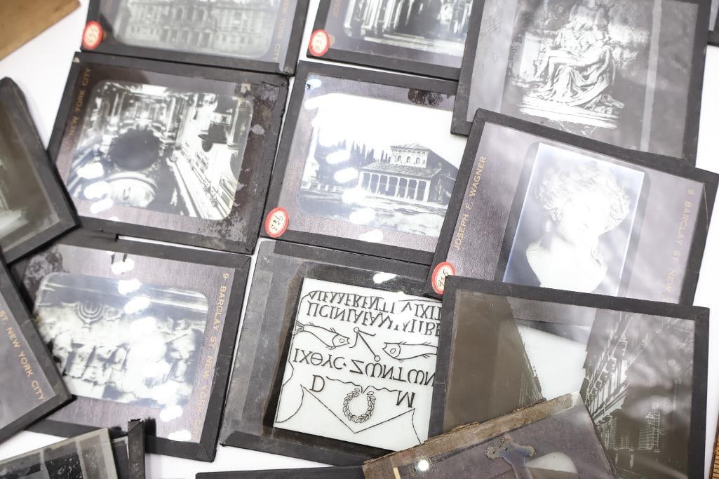 Vintage Magic Lantern Glass Slides Collection with Wooden Storage Box - 12