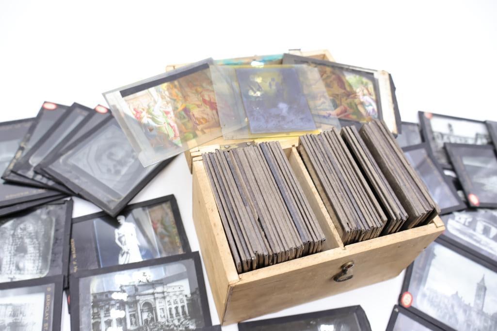 Vintage Magic Lantern Glass Slides Collection with Wooden Storage Box - 13