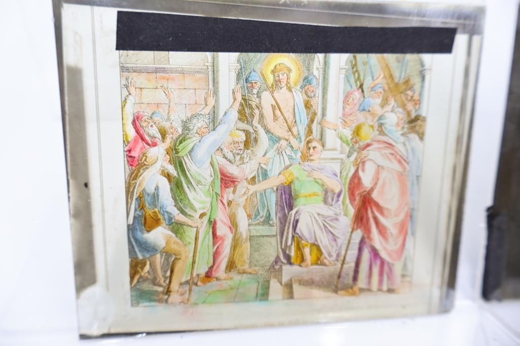 Vintage Magic Lantern Glass Slides Collection with Wooden Storage Box - 16