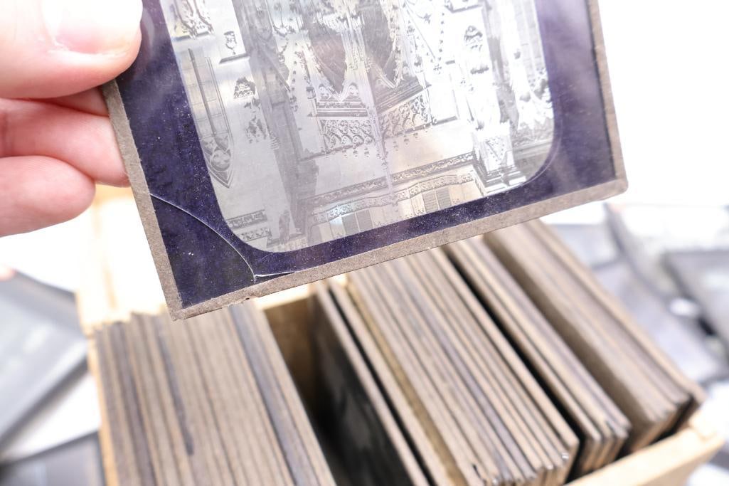 Vintage Magic Lantern Glass Slides Collection with Wooden Storage Box - 20