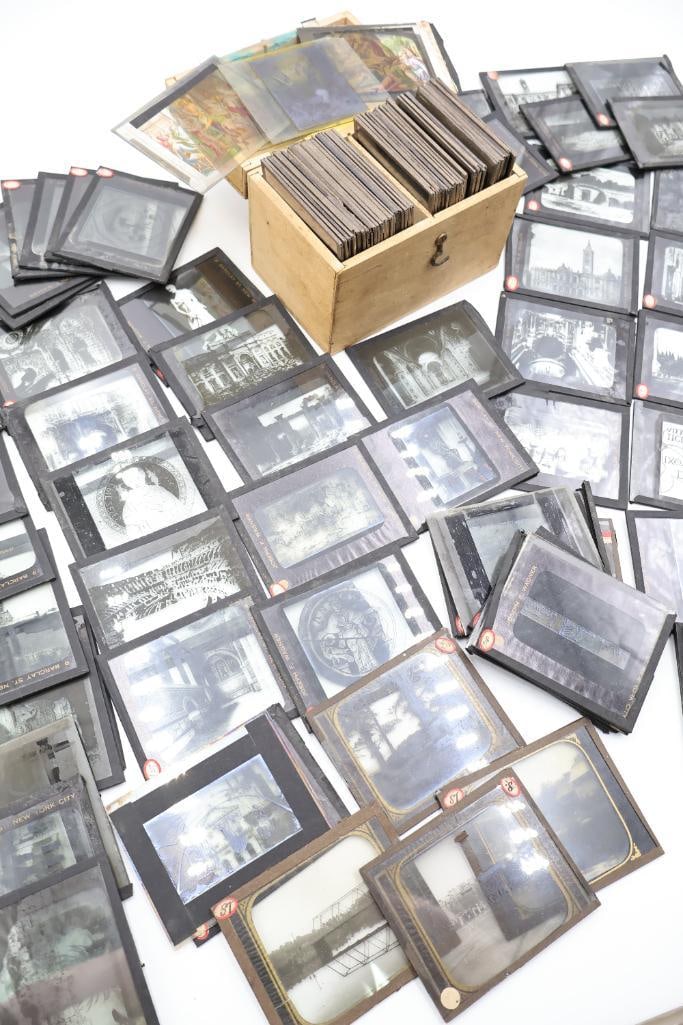 Vintage Magic Lantern Glass Slides Collection with Wooden Storage Box - 2