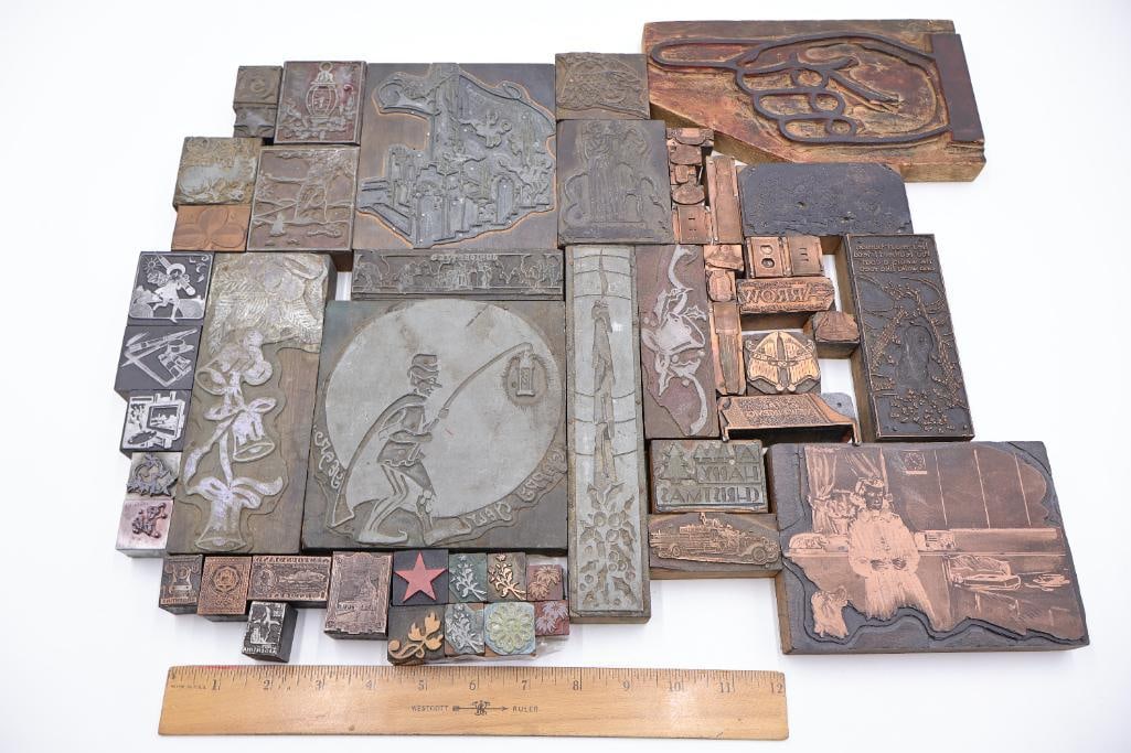 Large Collection of Antique Printing Plates, Copper Engraving Blocks & Letterpress Dies - 3