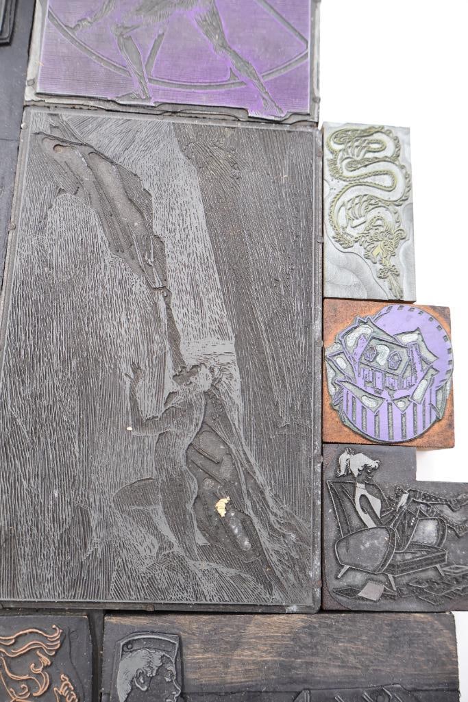 Collection of vintage letterpress printer's blocks made from wood and etched metal - 11