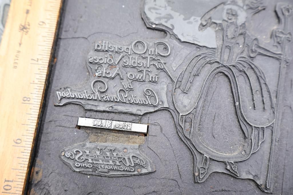 Collection of vintage letterpress printer's blocks made from wood and etched metal - 14