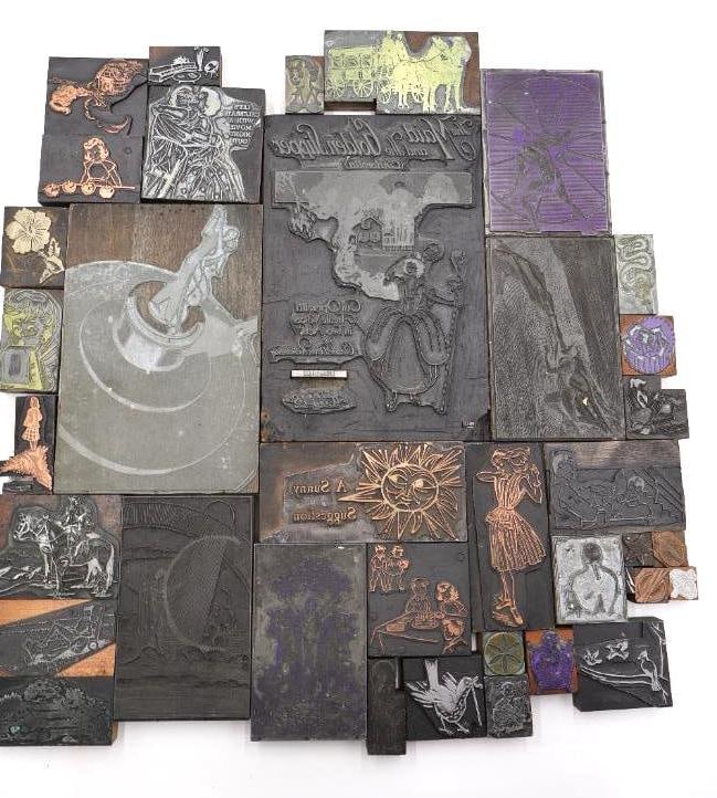 Collection of vintage letterpress printer's blocks made from wood and etched metal (1 of 20)