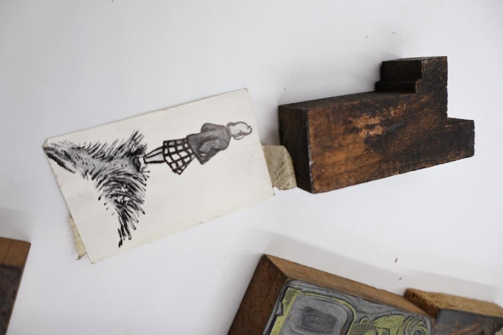 Collection of vintage letterpress printer's blocks made from wood and etched metal - 20
