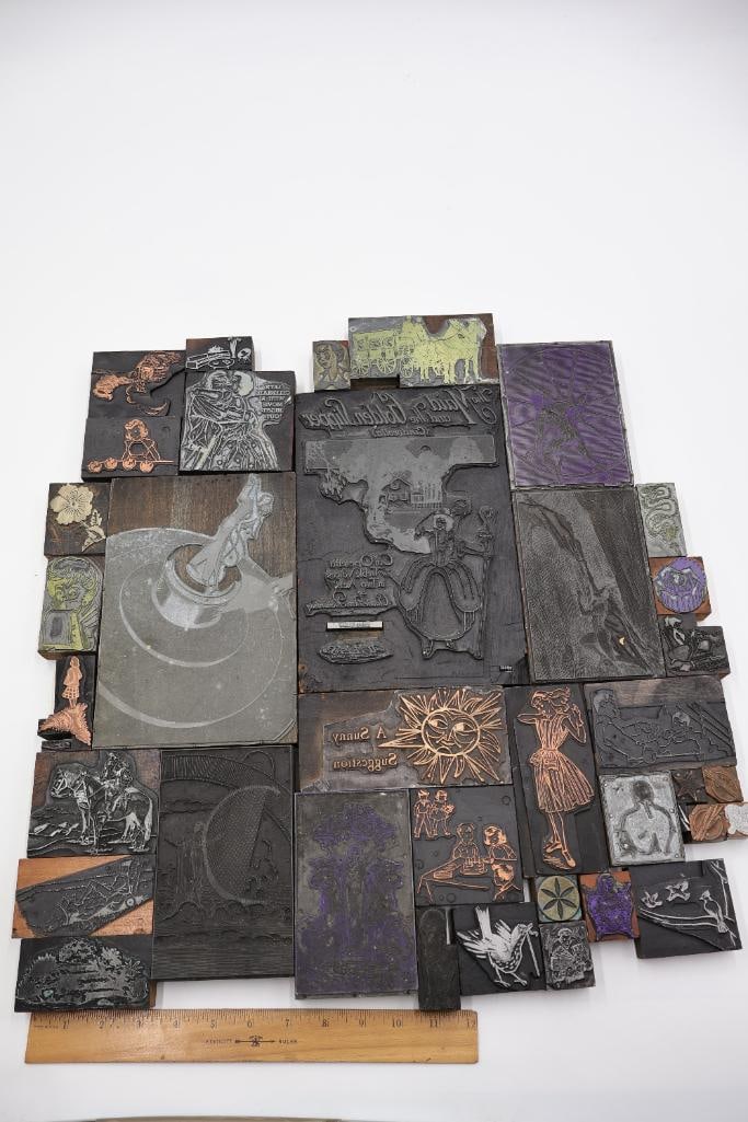 Collection of vintage letterpress printer's blocks made from wood and etched metal - 3