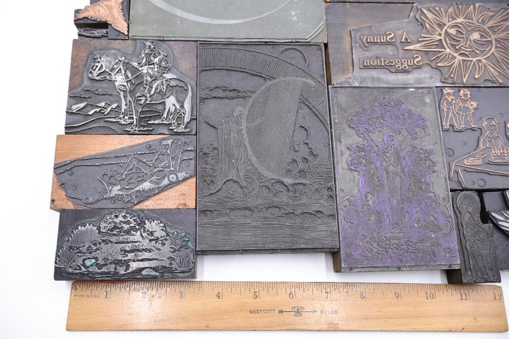 Collection of vintage letterpress printer's blocks made from wood and etched metal - 4