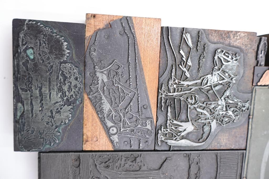 Collection of vintage letterpress printer's blocks made from wood and etched metal - 5