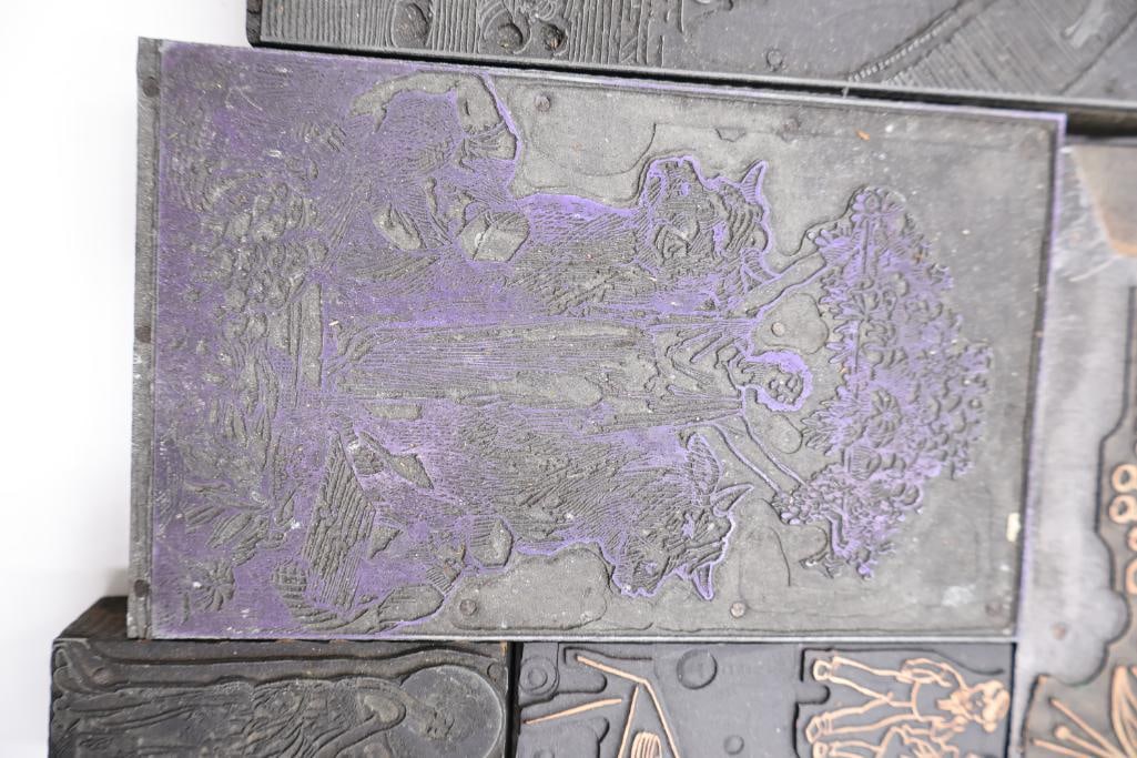 Collection of vintage letterpress printer's blocks made from wood and etched metal - 7