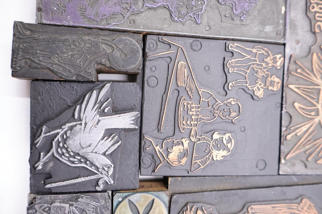 Collection of vintage letterpress printer's blocks made from wood and etched metal - 8