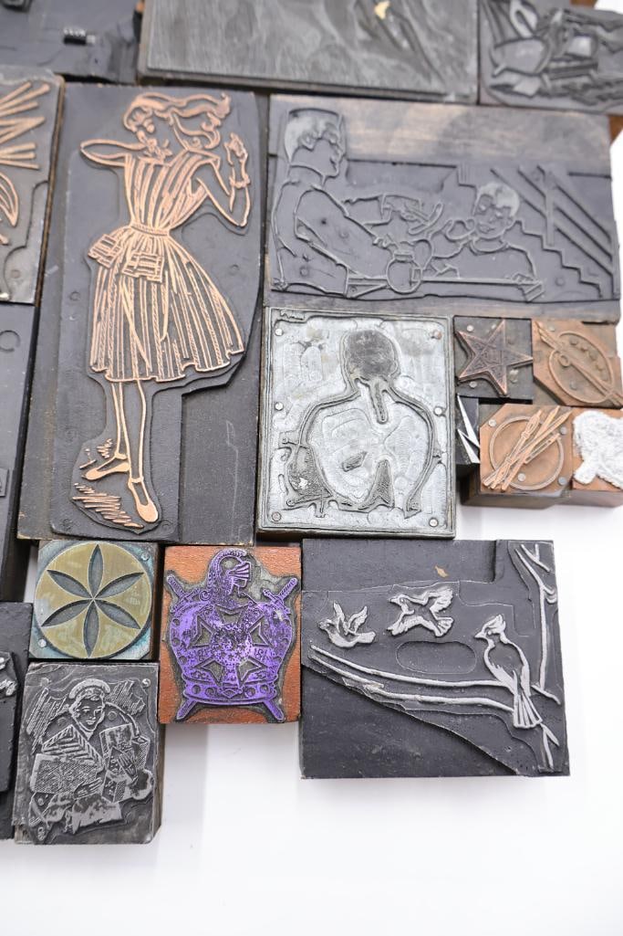 Collection of vintage letterpress printer's blocks made from wood and etched metal - 9