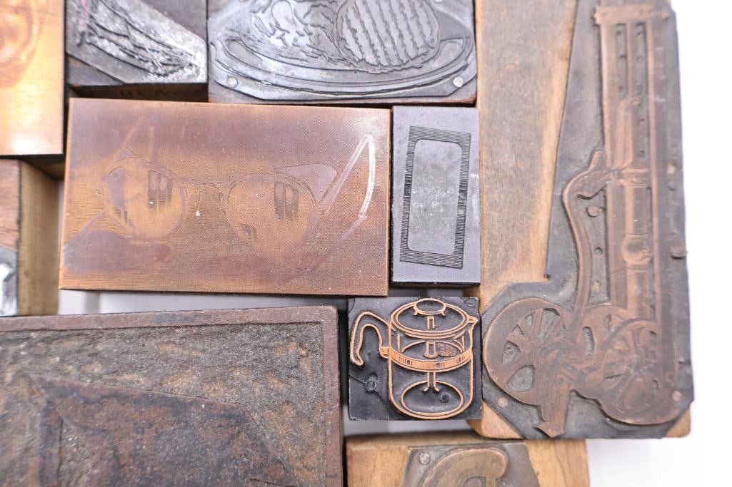 These are a collection of vintage letterpress printing blocks and copper cuts - 18