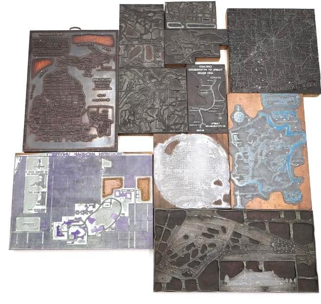 Printing Blocks - Assorted Maps, Cartography, and University Layouts: These blocks feature intricate, reversed cartographic details, regional maps, and structural layouts. They are crafted from a mix of copper, zinc, and metal plates mounted securely onto solid wood blo