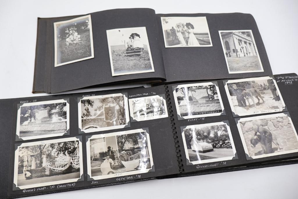 Two vintage photo albums filled with photos: Vintage black-and-white family photograph album spanning the late 1930s, featuring handwritten captions for events and parades.