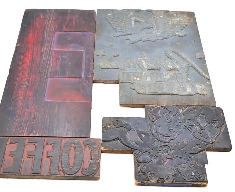 ot of 4 Vintage Letterpress Printing Blocks: These blocks were historically used in traditional movable press configurations to stamp advertisements and graphic illustrations.
