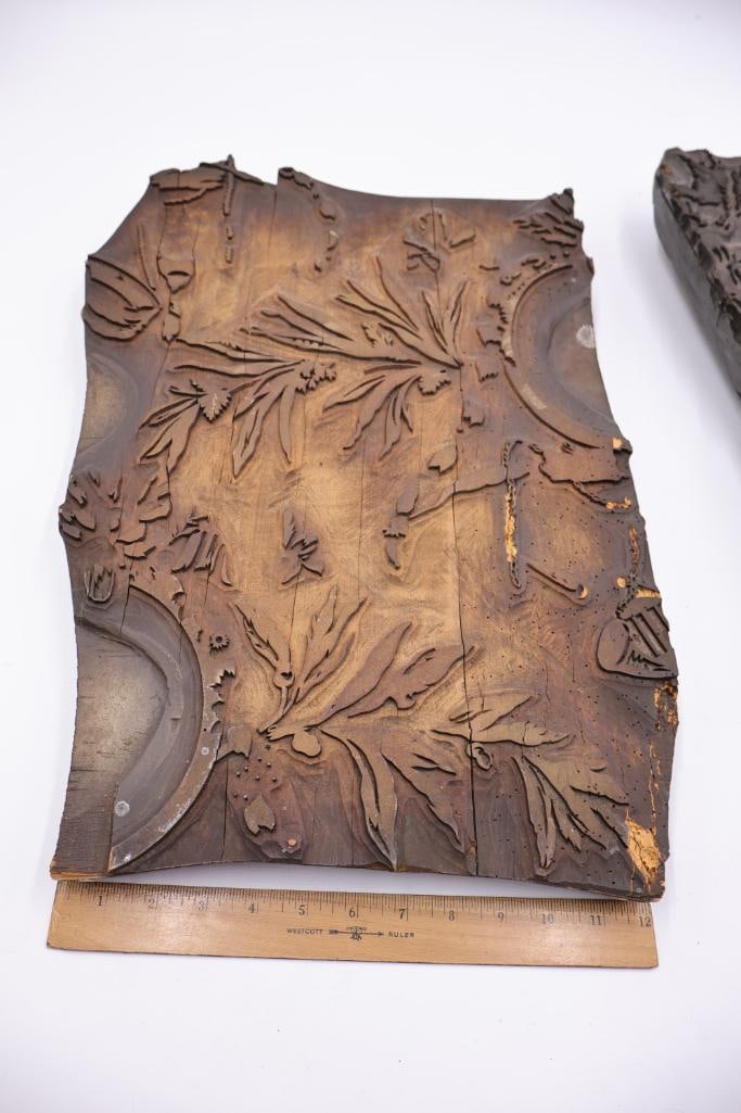 Collection of Antique Ornate Wood Printing Blocks & Decorative Carved Plates - 12