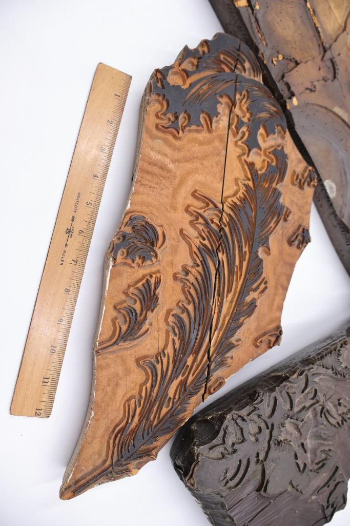 Collection of Antique Ornate Wood Printing Blocks & Decorative Carved Plates - 5