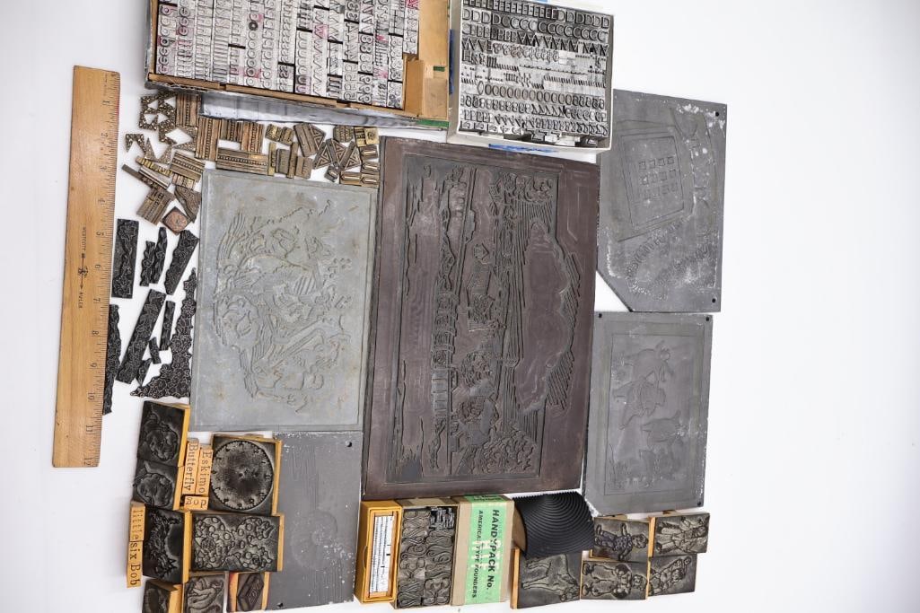 Large Antique Letterpress Printing Lot Metal Type, Printing Plates & Decorative Blocks - 2