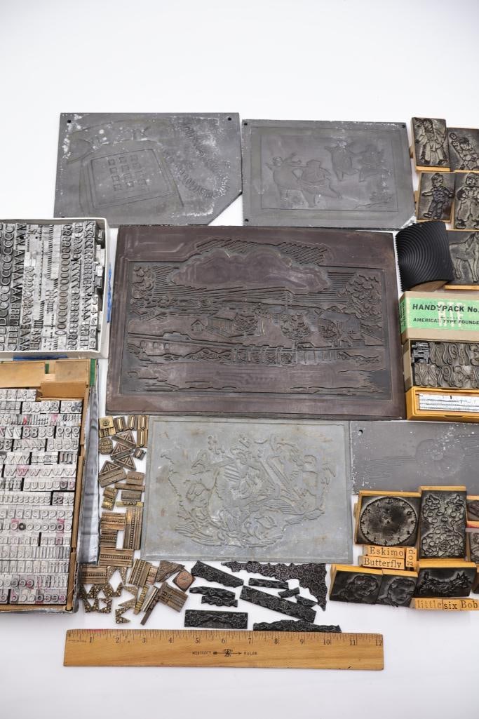 Large Antique Letterpress Printing Lot Metal Type, Printing Plates & Decorative Blocks - 3