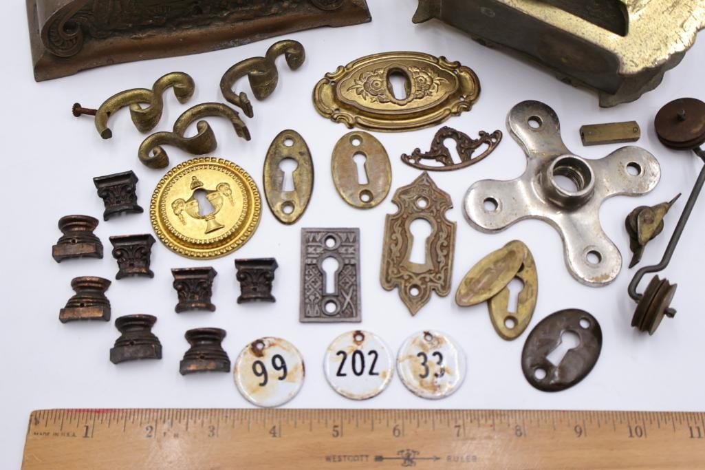 Collection of Antique Brass & Cast Iron Hardware, Escutcheons & Furniture Parts - 2