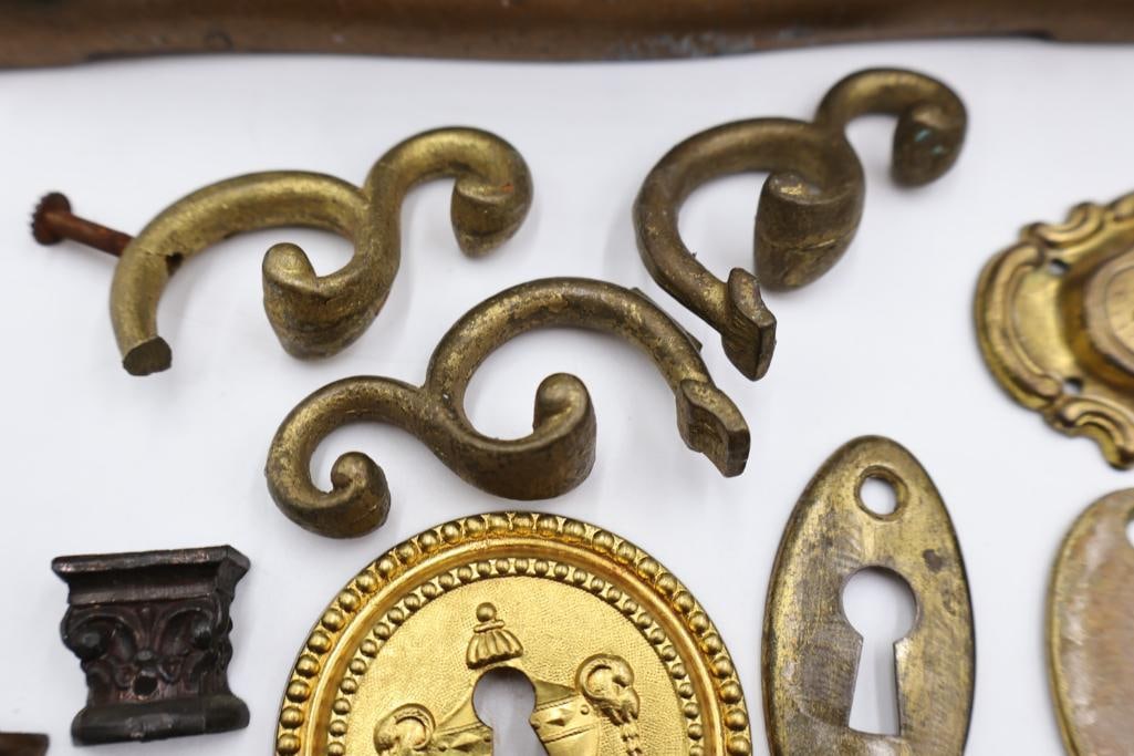 Collection of Antique Brass & Cast Iron Hardware, Escutcheons & Furniture Parts - 5