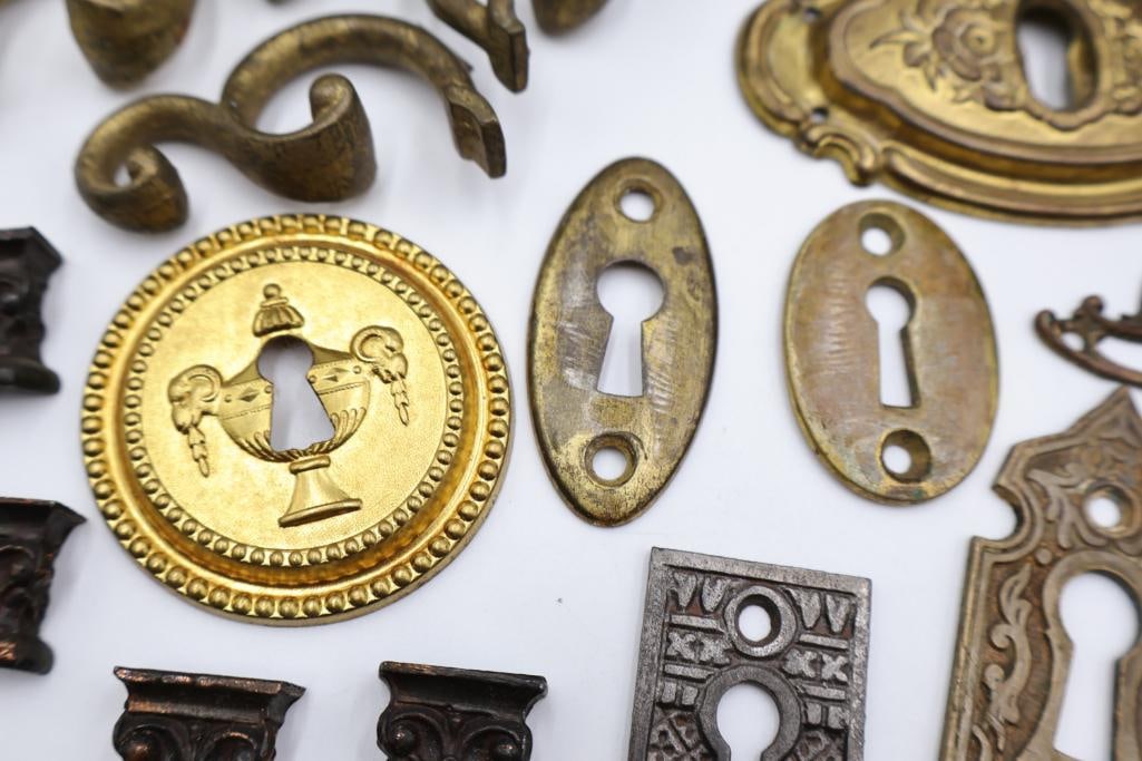 Collection of Antique Brass & Cast Iron Hardware, Escutcheons & Furniture Parts - 6