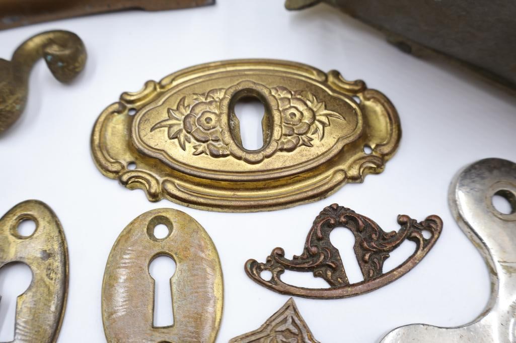 Collection of Antique Brass & Cast Iron Hardware, Escutcheons & Furniture Parts - 7