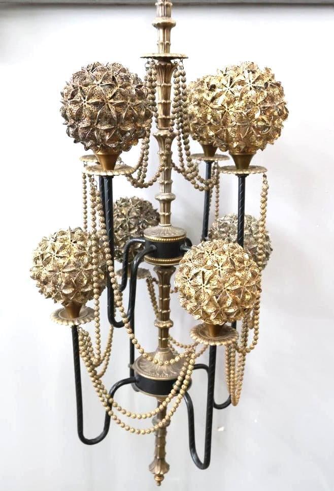 Vintage Hollywood Regency Five-Light Hanging Chandelier with Beaded Globe Shades (1 of 13)