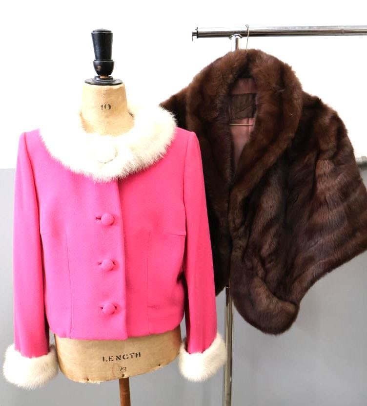 Vintage Ladies Pink Wool Jacket with Fur Trim & Brown Fur Stole Wrap (1 of 19)