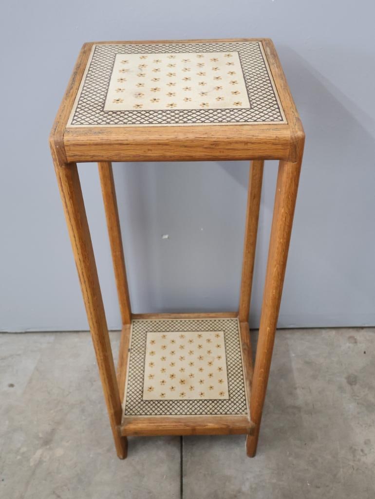 Vintage Oak Plant Stand with Decorative Tile Inset Shelves (1 of 6)