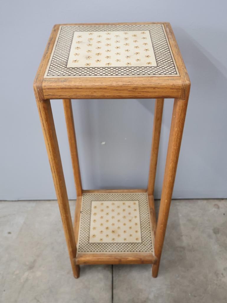 Vintage Oak Plant Stand with Decorative Tile Inset Shelves - 2