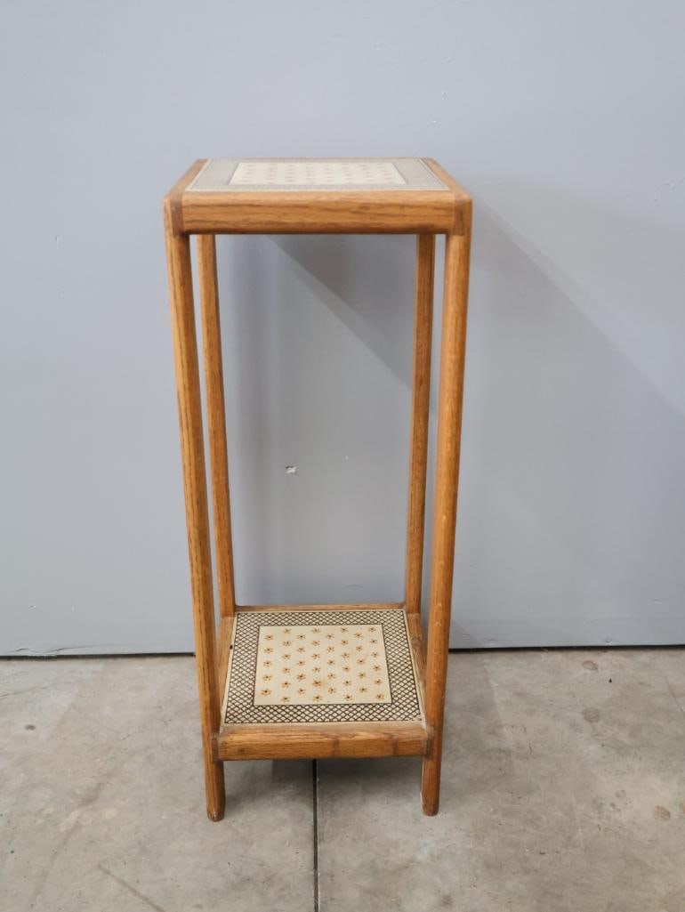 Vintage Oak Plant Stand with Decorative Tile Inset Shelves - 3